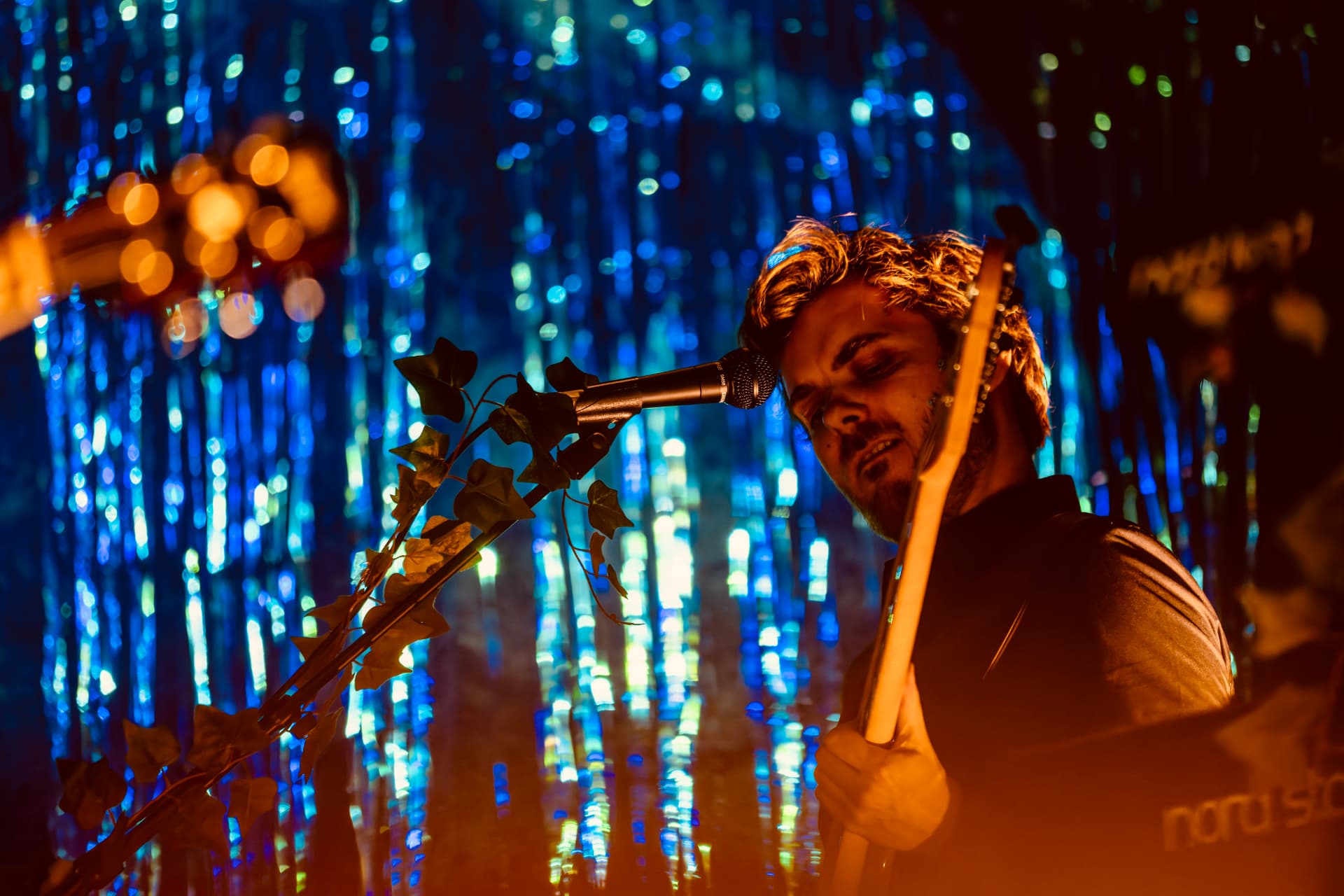 The Malachite Moon – bas og kor på scenen Musiker fra The Malachite Moon spiller bas og synger i kraftigt blåt scenelys